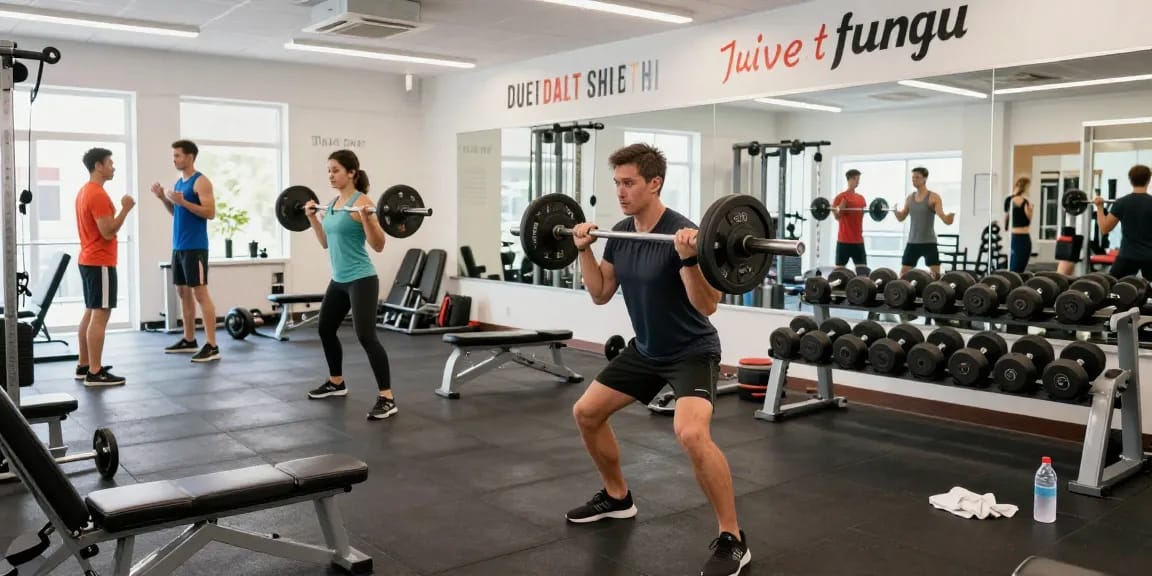 Unique Pharma Steroïden winkel: Krachtige training in moderne gym met enthousiaste sporters.