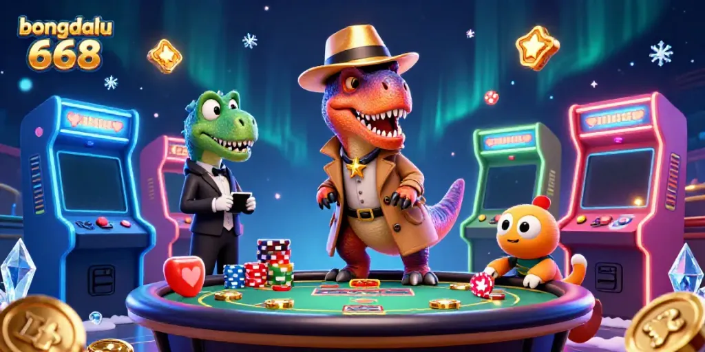 Bongdalu 668 showcases a cartoon velociraptor at a blackjack table, surrounded by dynamic gaming elements.