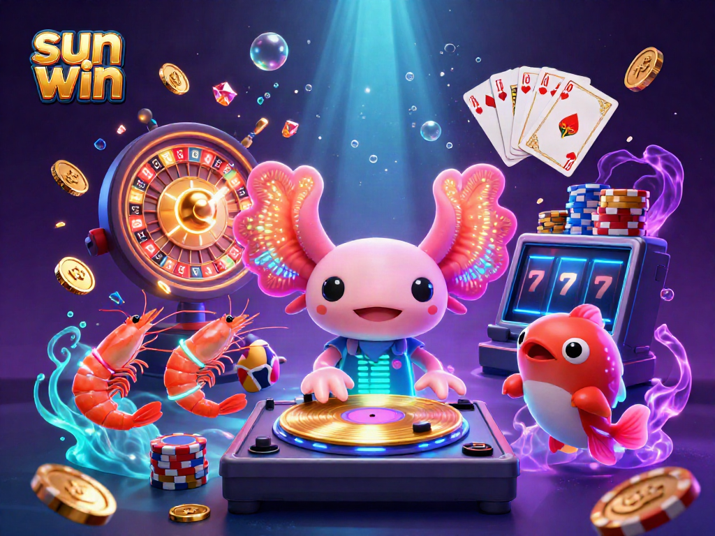 Engage with the exciting sun win experience featuring a vibrant axolotl DJ and casino thrills.
