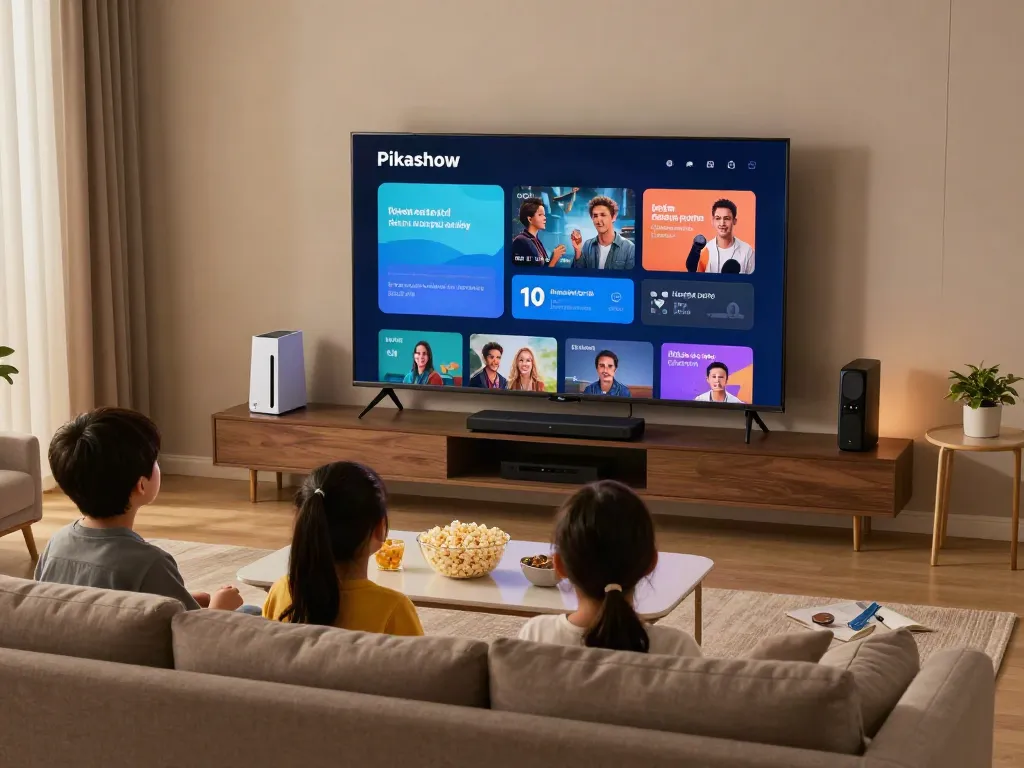 Family enjoying the pikashow latest version in a cozy living room