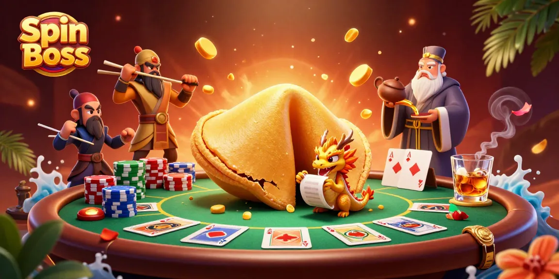 Spin Boss showcases a dynamic casino scene with a golden fortune cookie, poker elements, and vibrant characters.