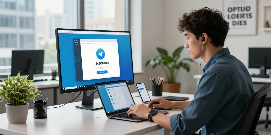 Download Telegram in a modern tech workspace, showcasing a professional using the app on multiple devices.