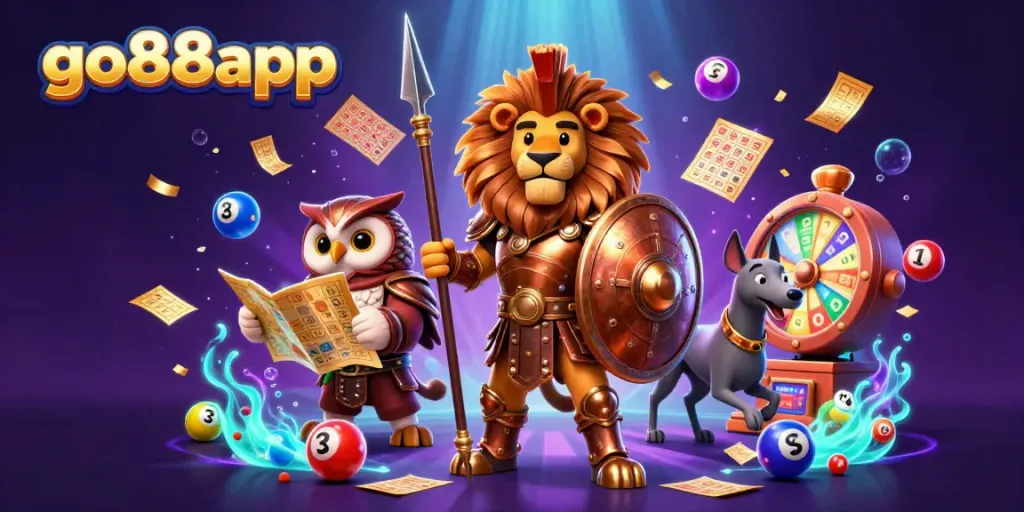 Experience the excitement of go88app with a vibrant 3D casino scene filled with lottery elements and dynamic characters.