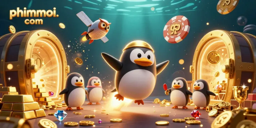 Experience the thrill of phimmoi. com with a vibrant illustration of a golden penguin racing through a casino space.