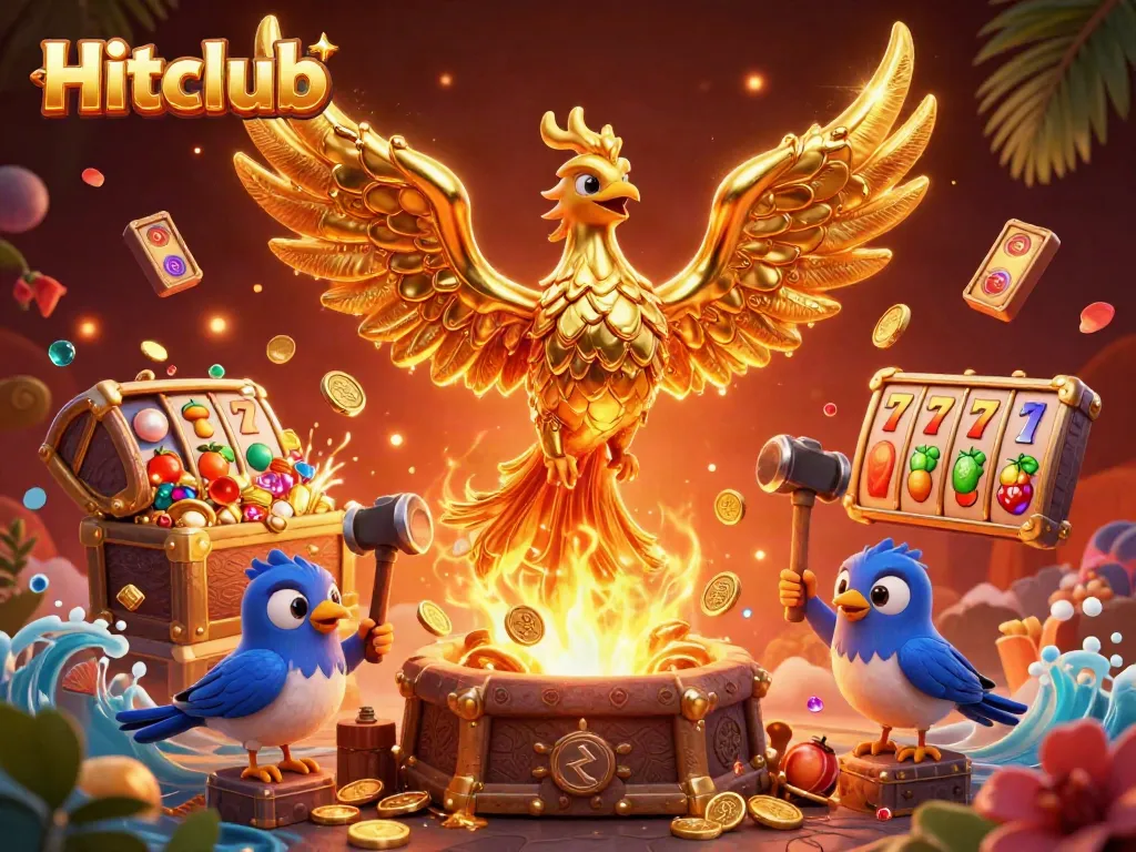 Experience the thrill of Hitclub with a golden phoenix and casino games in 3D illustration.