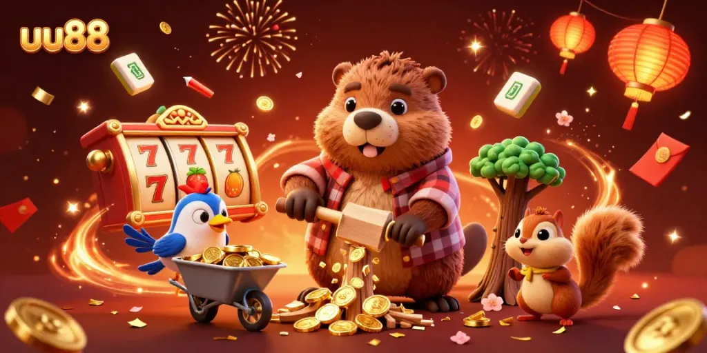 Join the excitement at uu88 as a colorful scene unfolds with a lively beaver, bird, and squirrel amidst slot machines.