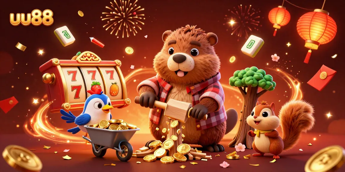 Join the excitement at uu88 as a colorful scene unfolds with a lively beaver, bird, and squirrel amidst slot machines.
