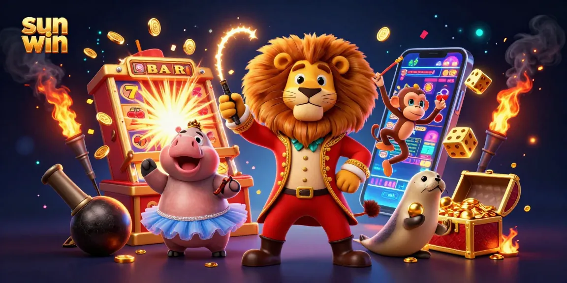 Experience thrilling wins at Sun Win with dynamic gaming elements and cheerful characters in a vibrant casino scene.