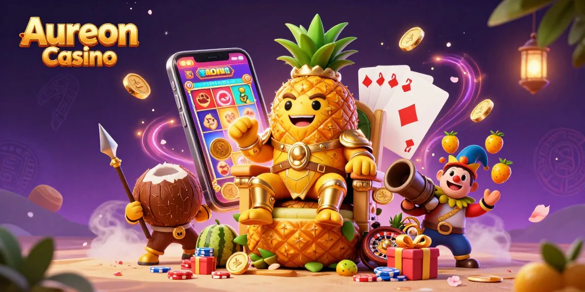 Aureon Casino scene with a golden pineapple king and vibrant game elements on display.
