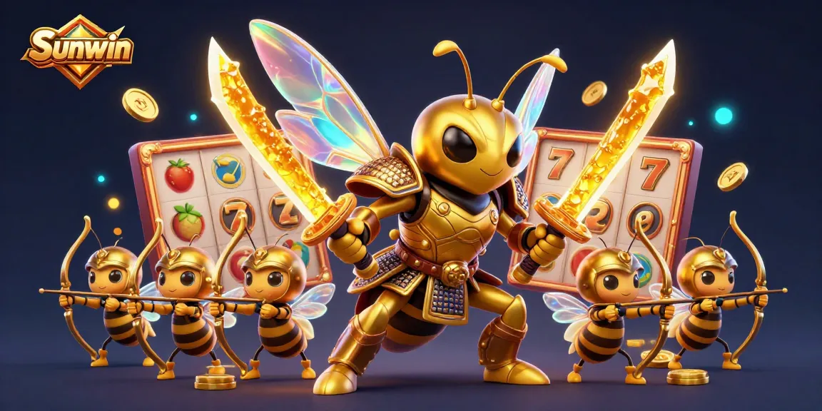 Sunwin features an engaging game scene with golden hornet samurai and vivid slot elements, showcasing dynamic energy.
